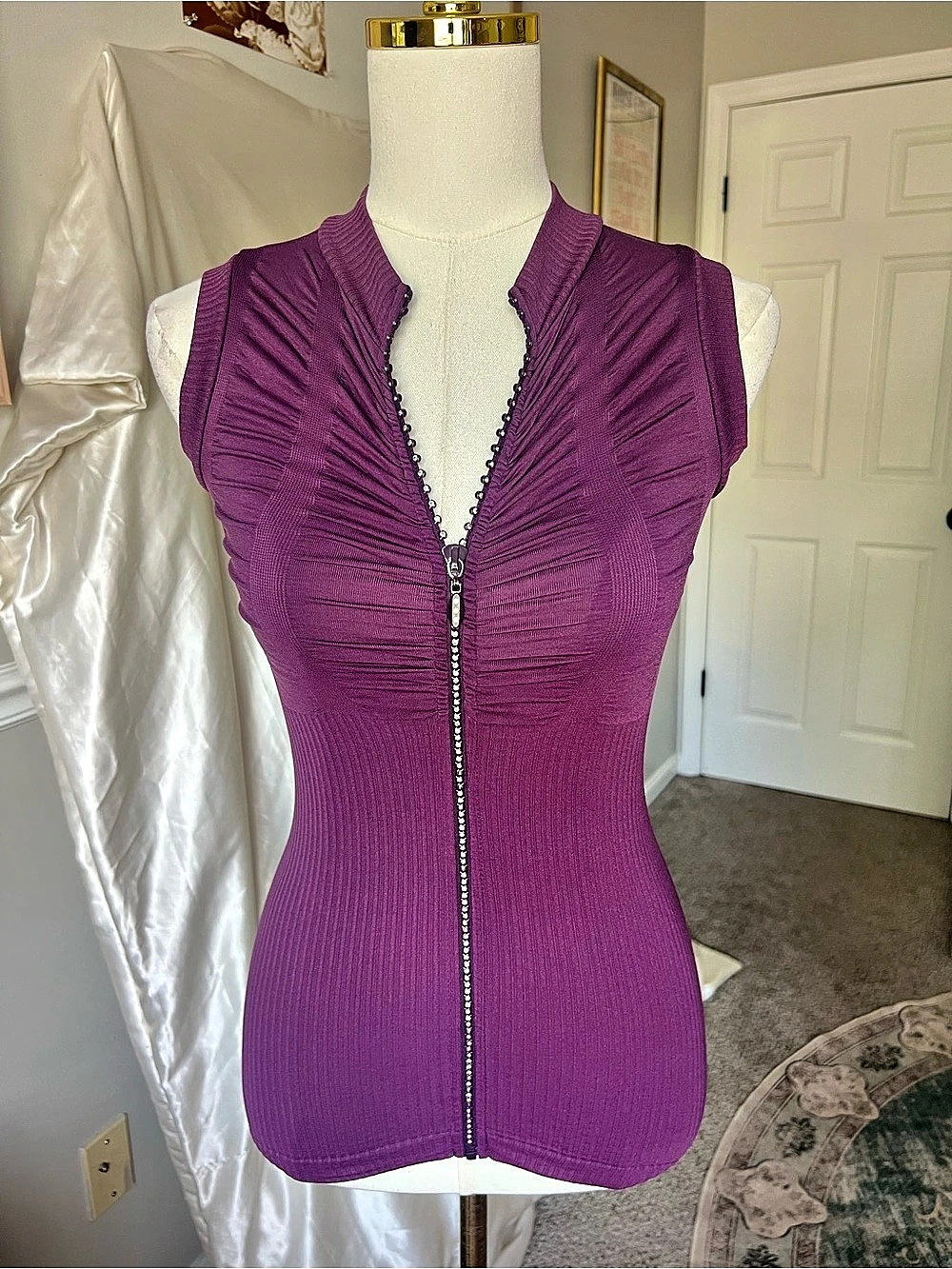Y2K Purple Rhinestone Zip-Up Ruched Top - Picture 2 of 4